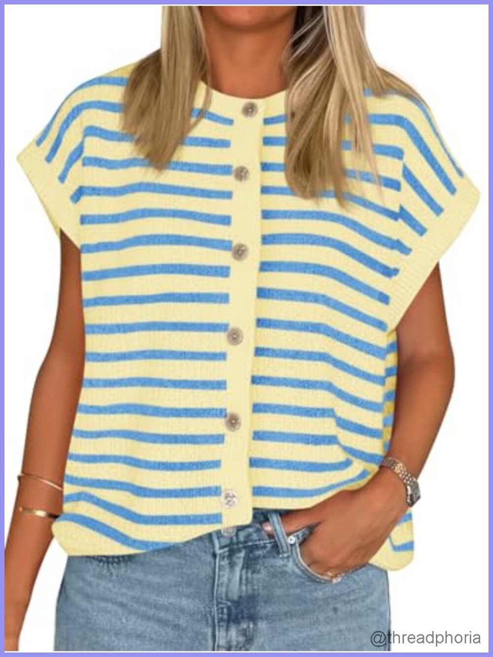 Striped Cap Sleeve Sweater Vest Button Down Cardigan